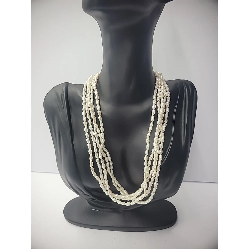 Vintage Necklace Multi Strand Beaded Gold Tone‎ White Bead Slide Clasp Jewelry